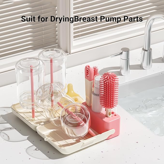 Baby Bottle Brush, 10 in 1 Travel Baby Bottle Cleaner Brush Set with Silicone Brush, Nipple Brush, Straw Brush, Soap Dispenser, Portable Drying Rack, Breast Pump & Bottle Cleaning Kit - Coral Pink