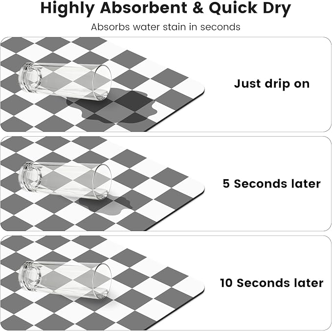 12" x 20" Checkered Dish Drying Mat for Kitchen Counter, Absorbent Coffee Bar Mat for Espresso Machine Coffee Countertops Accessories (Grey)