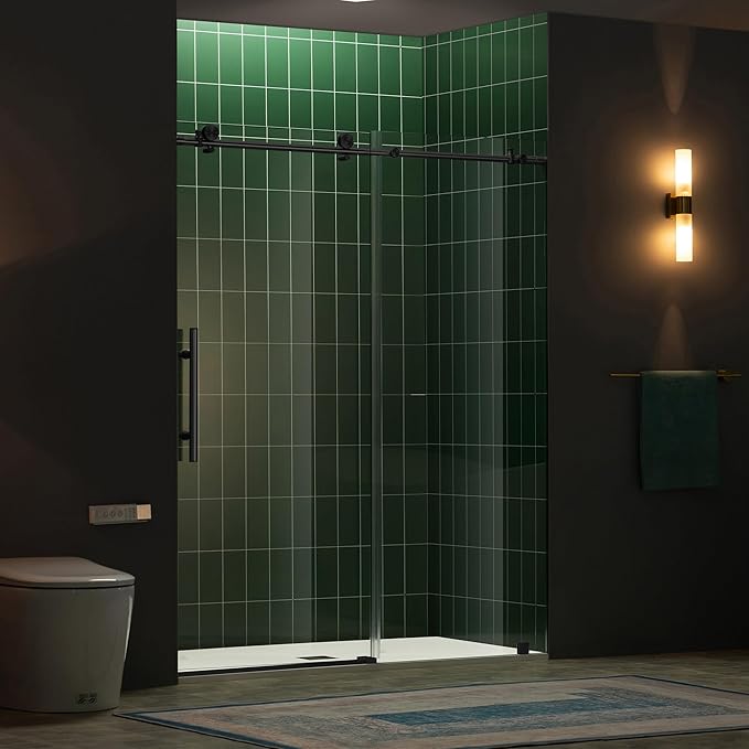 Woodbridge 57.5-60" W x 80" H Frameless Single Sliding Soft-Close Shower Door with Tempered Glass & Explosion Proof Film in Matte Black Finish