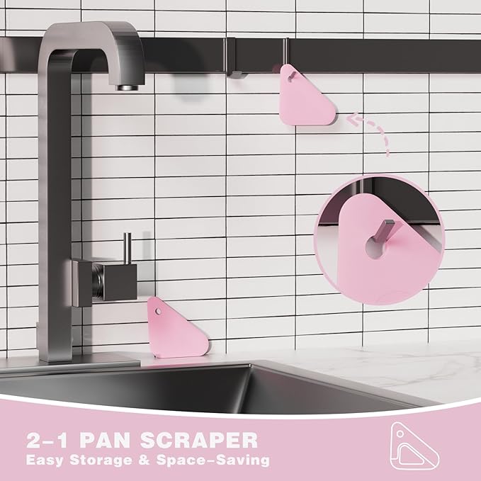 Food Scraper, 2-in-1 Pot and Pan Dish Scraper, Nylon and Silicone, Kitchen Scraper Tools for Cast Iron Skillets, Cookware, Dishes, Pans and Pots, Heat Resistant, Set of 3 - Pink