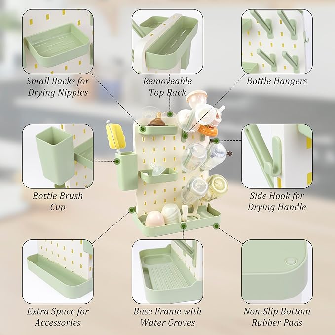 Baby Bottle Drying Rack Space Saving Countertop Vertical Rack with Brushes Holder (Green)