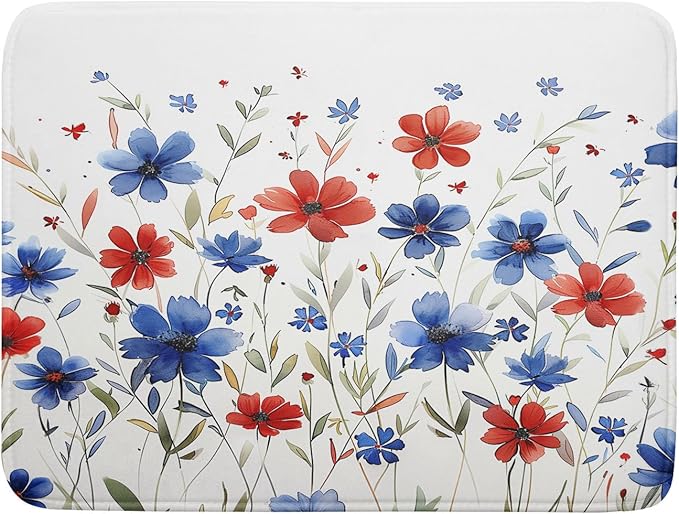 Khope 4th of July Dish Drying Mat for Kitchen Counter 18x24 Inch America Red Blue Floral Reusable Washable Memorial Day Flowers Drying Pad Countertop Home Decor