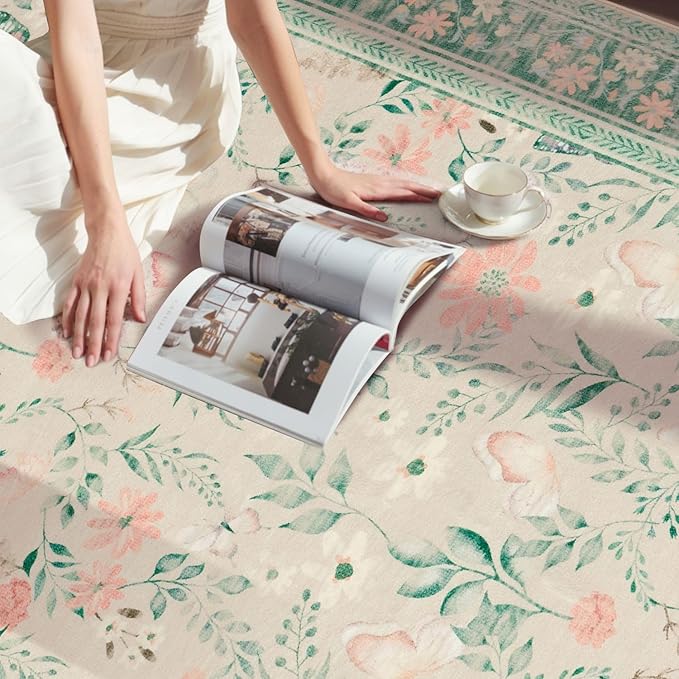 Green Floral Rug for Living Room Bedroom, 5x7 Washable Rug,Vintage Boho Area Rug, Large Non Slip Low Pile Wool Carpet for Indoor Dining Room,Girls Kids Room and Nursery Room(Sage Green 5x7ft)
