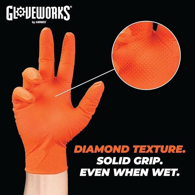 GLOVEWORKS 8 Mil Orange Nitrile Disposable Gloves Heavy Duty Industrial RDT for Mechanic and Automotive Shops Latex Free