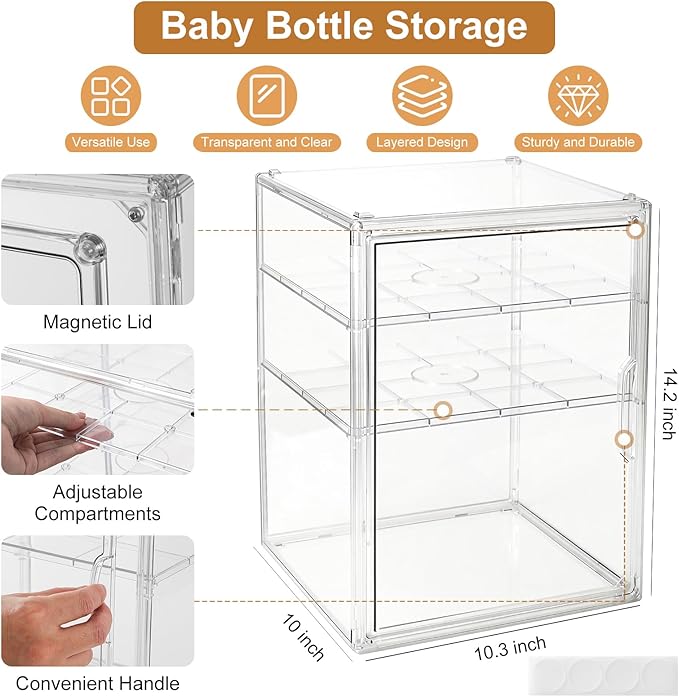 Baby Bottle Organizer – 3 Tier Acrylic Bottle Storage Organizer container, Clear Plastic Bottle Station Organizers Drawers for Countertop Kitchen Cabinet Vanity, Bathroom