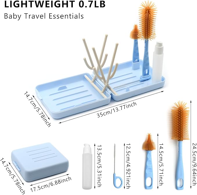 Portable Baby Bottle Brush Kit Premium Silicone Bottle Cleaner Brush, Nipple Brush, Straw Brush, Soap Dispenser, Bottle Drying Rack, and a Storage Organizer Case for Both Home and Travel Uses (Blue)