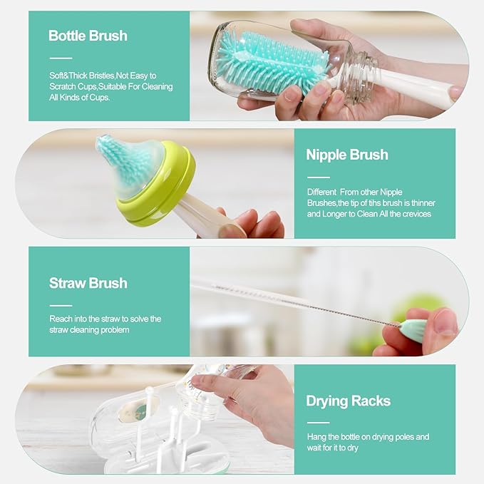 Bottle Brush Set,Travel Bottle Cleaner Kit with Baby Bottle Brush,UV Light,Straw Brush,Nipple Brush,Bottle Drying Rack for Home and Travel(Green)