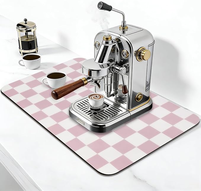 Checkered Dish Drying Mat for Kitchen Counter, Absorbent Non-Slip Coffee Mat, Heat Resistant Mat for Countertops Coffee Bar Decor 16" x 24" Pink