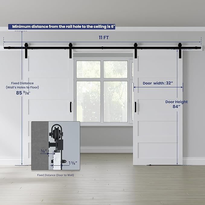Double 32" x 84" White Barn Door with 11FT Sliding Door Hardware Kit Included, 5-Panel, Assemblely Needed, Waterproof PVC Surface, Max Opening 62in x 82in
