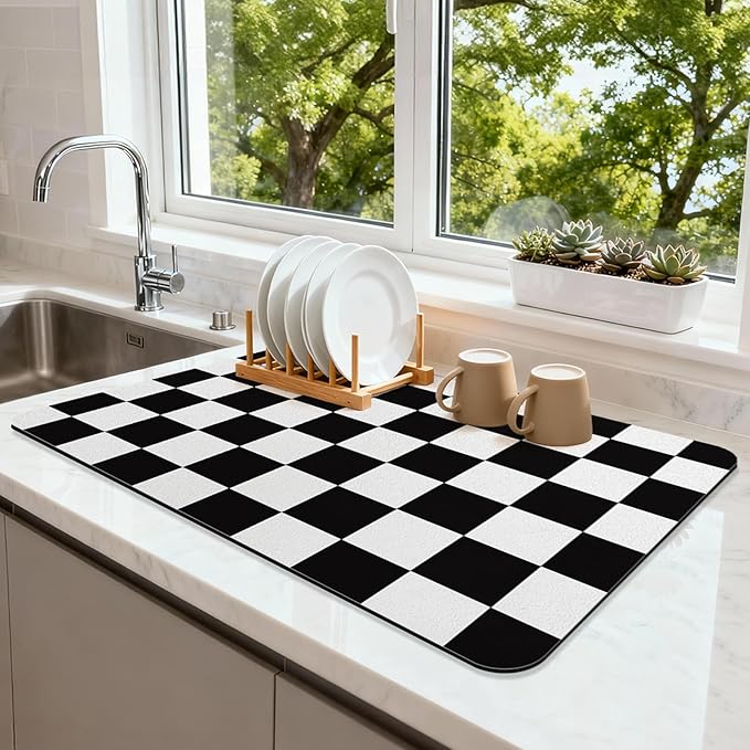 Checkered Dish Drying Mat for Kitchen Counter Coffee Mat Bar Accessories,Absorbent Easy Clean (Black, 19" x 12")