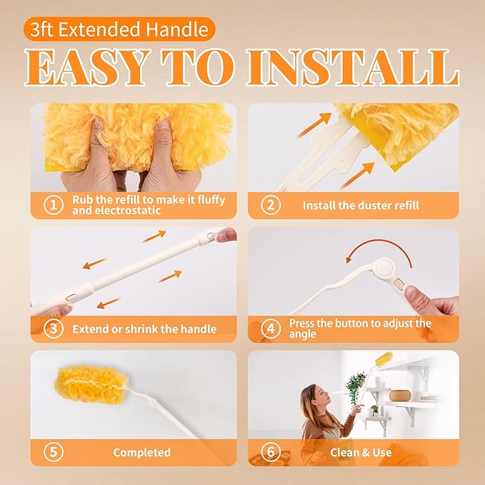 Duster Refill for Swiffer Duster, 50 Count Disposable Dusters Kit for Cleaning Dusting Furniture Blind Ceiling Fan, Multi Surface 360 Feather Duster & 3FT Extended Handle & Short Handle
