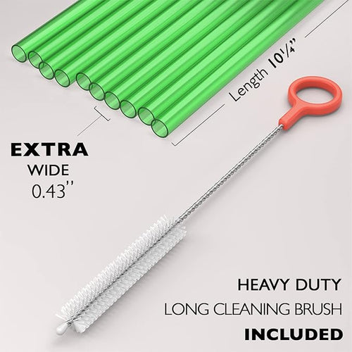10 EXTRA WIDE Long Reusable Hard Plastic Drinking Straws + Cleaning Brush - Fat Thick Large Jumbo Straws for Smoothies and Milkshakes - Green - Dishwasher Safe BPA Free