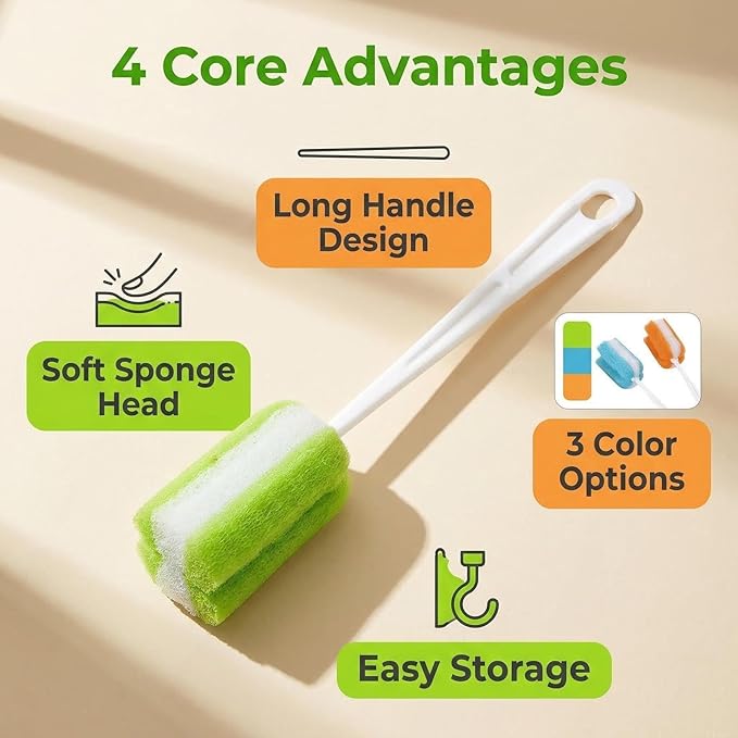 3PCS Soft Hanging Sponge Cleaning Brush Cleaner with Long Handle Cup Feeding Bottle Scrubber Washing Brushes for Coffee Glasses Pot Milk Cup Mugs Winebottle Baby Bottles(Color Random)