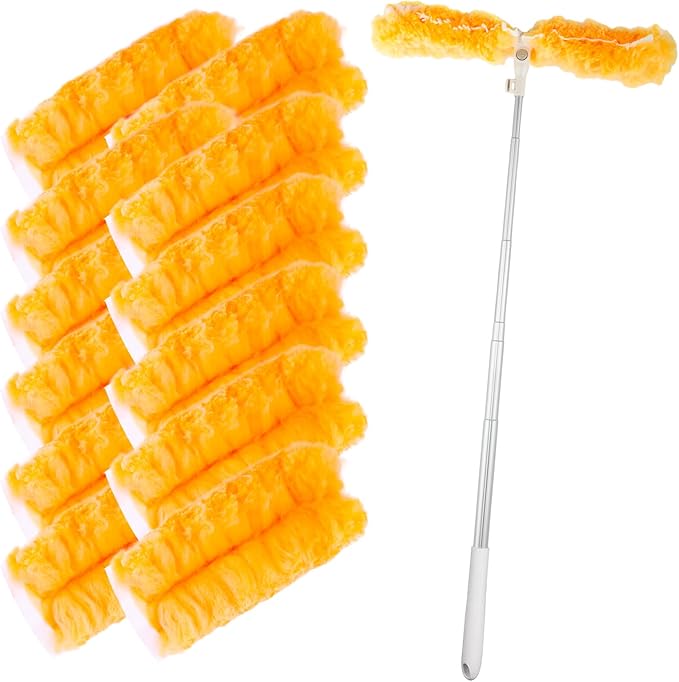 Extendable Duster Kit with 6FT Telescoping Handle & 12 PCS Duster Refills, 360° Disposable Microfiber Pads for Home Cleaning, Ceiling Fan, Blinds, Furniture (Duster Kit (13 PCS))