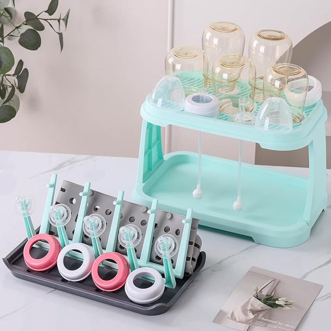 Baby Bottle Drying Rack with Brush & Dishwasher Basket - Space Saving Standing Drying Rack for Baby Bottles, Pump Parts & Accessories, Compact Organizer Holds Up to 8 Bottles (Blue)