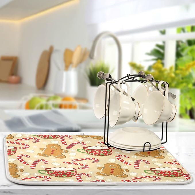 Christmas Gingerbread Man Candy Cane Dish Drying Mat for Kitchen Winter Snow Snowflake Snowman Xmas Microfiber Drying Mats Absorbent Reversible Dish Pad Large Dish Draining Mat 18x24 inch