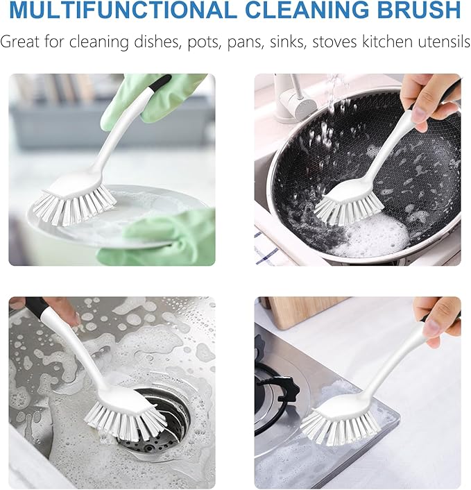 SetSail Dish Brush with Handle, 2 Pack Stiff Bristles Dish Scrubber with Built-in Scraper Dish Scrub Brushes for Cleaning Dishes, Pots and Pans, Kitchen Sink, White