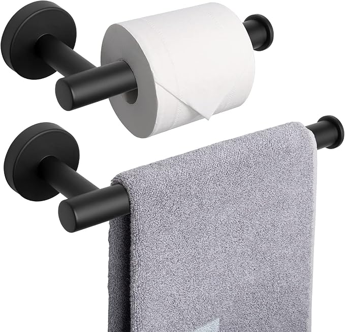 NearMoon Bath Toilet Paper Holder+ Hand Towel Holder, 2 Pieces Bathroom Hardware Set- Premium 304 Stainless Steel Toilet Roll Holder and Towel Rack Wall Mounted for Kitchen (Matte Black)