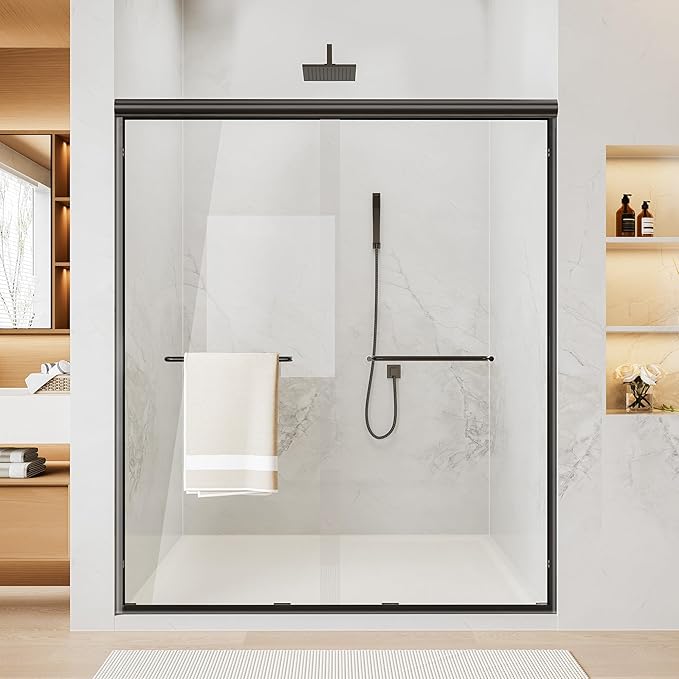 44-48" W x 70" H Double Sliding Shower Door, Semi-Frameless Shower Door with 1/4"(6mm) Clear Tempered Glass, Silent Soft-Close Door for Walk-in Shower, Matt Black