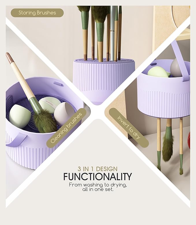 Makeup Brush Cleaner Bowl Rack 3 in 1, Silicone Cleaning Tool with Drying Holder Mat, Organizer Makeup Brush Storage Air Dry Case (purple)