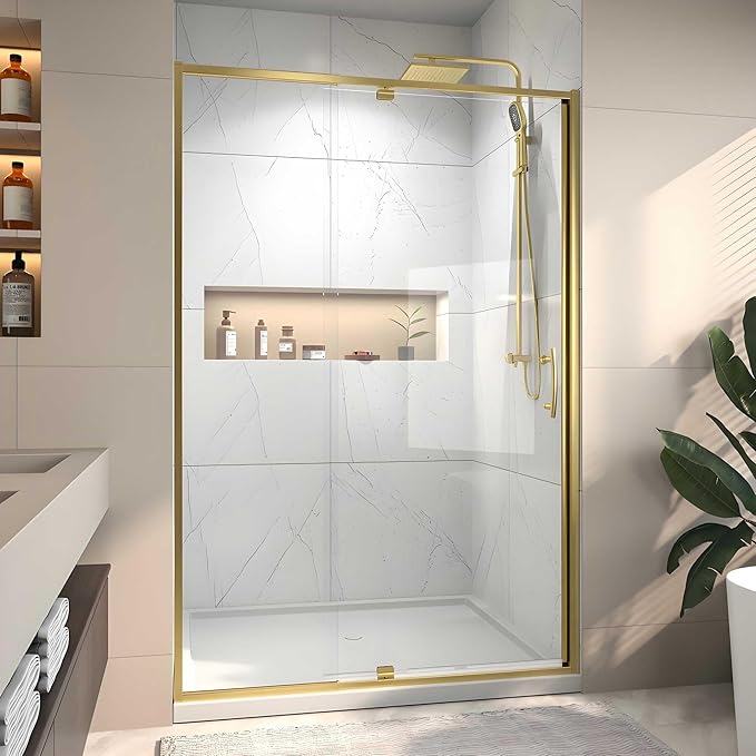 Pivot Glass Shower Door, 44–48" W x 71" H, 1/4"(6mm) Clear SGCC Tempered Glass, Brushed Gold Finish, Magnetic Closure, Reversible Installation