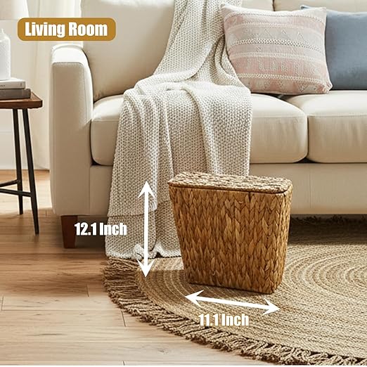 Yatmung Wicker Trash Can Small Bathroom Trash Can with Lid - Boho Waste Basket for Bedroom, Living Room, Office - Natural Water Hyacinth - Narrow Garbage Can with Removable Liner