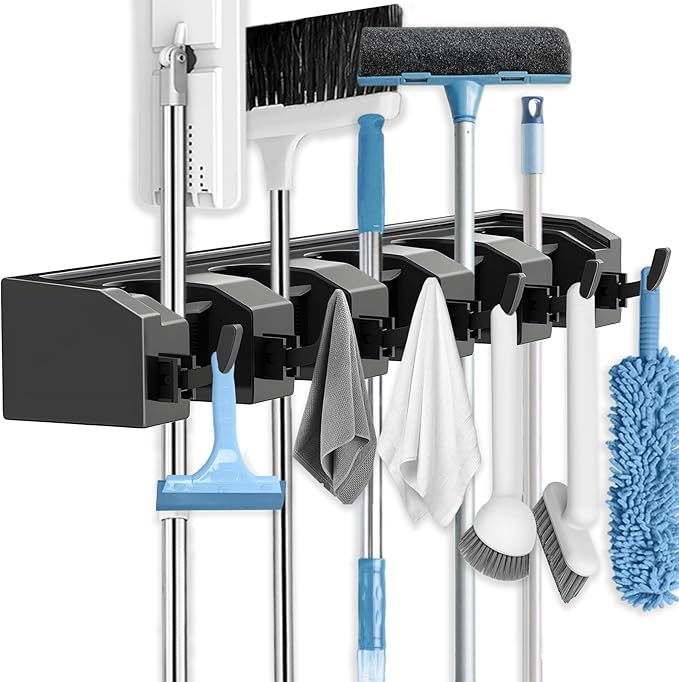 AceMining Broom Holder Wall Mounted, 5 Holders and 6 Hooks Mop Holder, ABS Plastic Brush Holder, Thick and Durable Mop and Broom Holder, Broom Storage, Broom Hook, Mop Wall Holder Black