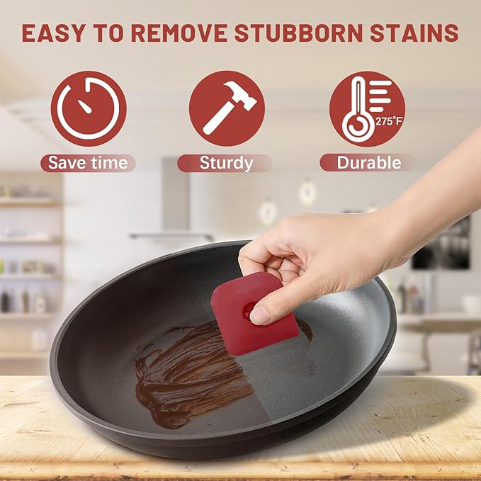 Pan Scraper, 10 Pcs Pot Scraper, Pan Scraper Plastic, Multifunctional Scraper Tool for Kitchen, Non-Slip, Food Safe, High Heat Resistant-Red