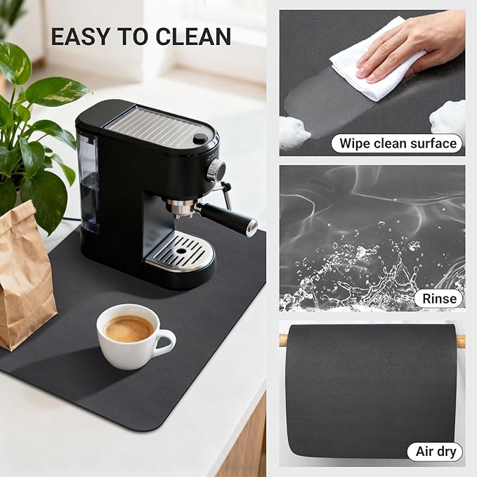 Coffee Counter Mat 24x16 Inch, Black Coffee Bar Mat, Absorbent Hide Stain Rubber Backed Dish Drying Mat for Kitchen Counter, Mats for Countertops, Under Coffee Bar Maker Machine Pot Espresso Machine