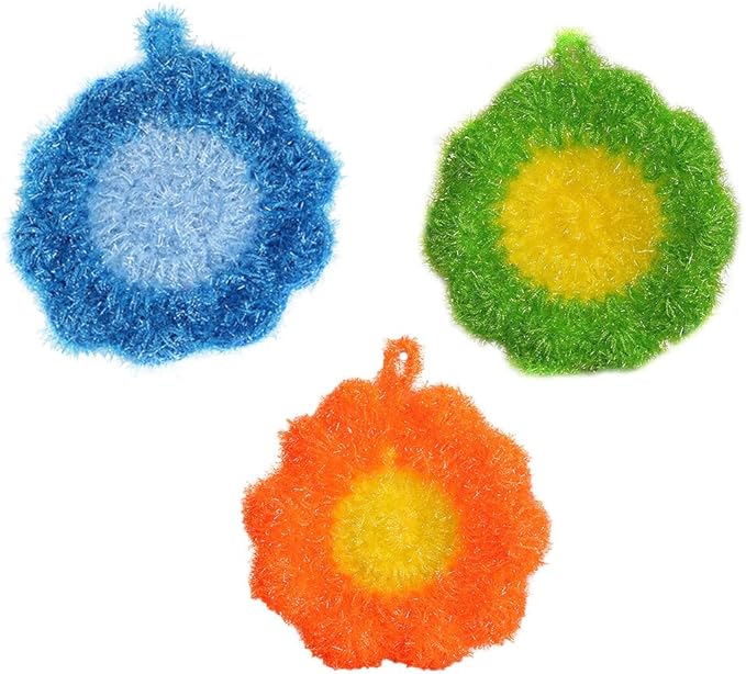3Pcs Cute Flower Dish Scrubbers for Kitchen Korean Style Handmade Crochet Scouring Pads Non-Scratch Dish Sponges for Dishwashing Aesthetic Sink Decor Cleaning Puff