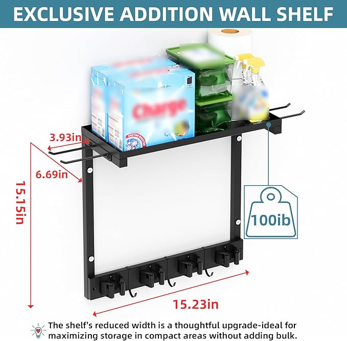 Broom Holder Wall Mount with Cleaning Supplies Organizer, Laundry Room Organization and Storage Shelves, Mop Hanger Broom Rack with Hooks, Home Improvement Kitchen Shelf Garage Organizer