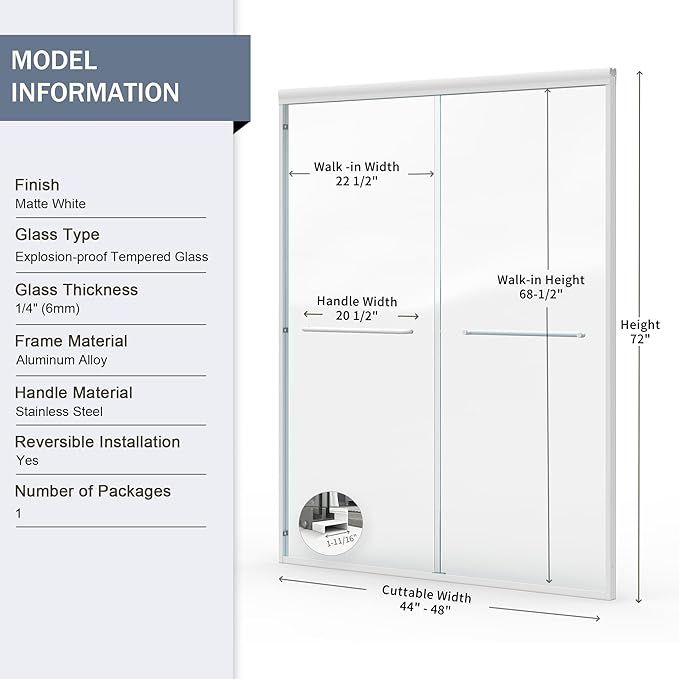 Abruzzo 44" - 48" Adjustable Width Double Sliding Shower Door - Semi-Frameless 72" Tall Bath Enclosure with 1/4" Tempered Glass, White Aluminum Frame for Walk-in Showers
