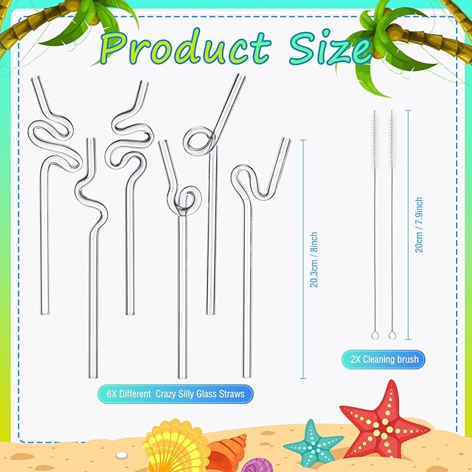 Yinkin 6 Pcs Wavy Glass Straw Reusable Curved Silly Glass Straws Shatter Resistant with 2 Cleaning Brushes Clear High Borosilicate Glass Straws for Kids Adults Smoothies Juice (Clear, 8 Inch)