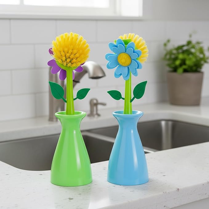 Long Handle Vegetable and Fruit Brush, Florganic Dish Brush with Vase, Long Handle Dish Brush Kitchen, for Cleaning Pot Pan Sink Kitchen Supplies Decorative Vase (2 Pcs) (Green/Blue)