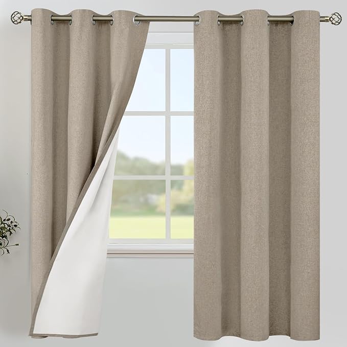 YoungsTex Taupe Linen Blackout Curtains 72 Inch Length for Living Room, Burlap Tan Thermal Insulated Drapes Full Room Darkening with Grommet for Bedroom Windows, 2 Panels, 42 X 72 Inch