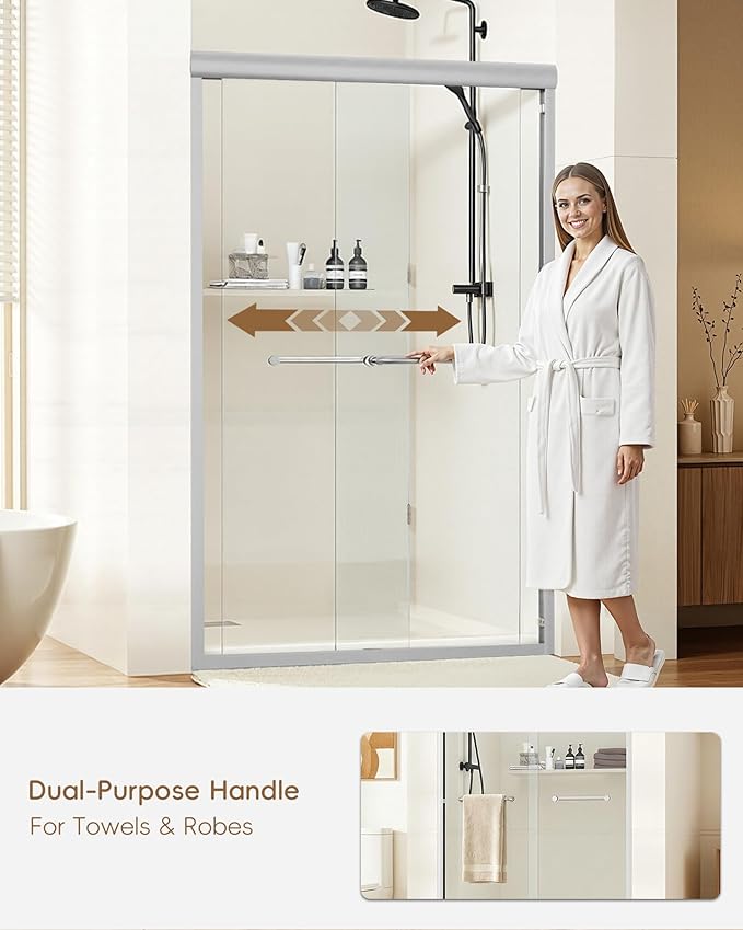 Shower Door 44-48'' W x 72'' H Semi-Frameless & Double Sliding, 1/4 inch (6mm) Thickness Clear Tempered Glass for Walk-in Shower, Brushed Nickel