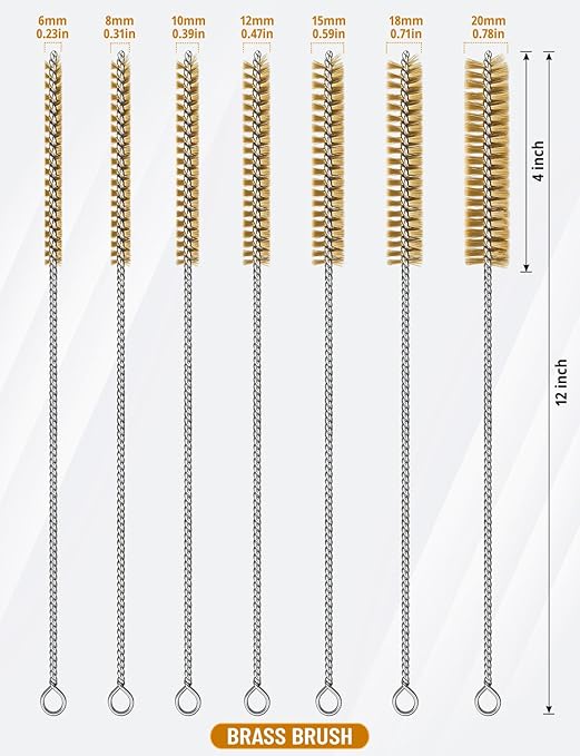 7pcs Brass Wire Brushes Set, 12 inch Pipe Cleaner Brush，Parts Cleaning Brush Bore Brushes for Tubes, Cylinders, Bottle, Auto Parts (6mm/8mm/10mm/12mm/15mm/18mm/20mm)