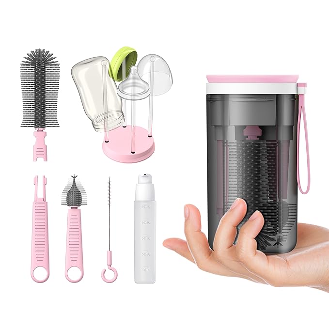 Travel Bottle Brush with Portable Bottle Drying Rack, Travel Essentials for Baby, Pink