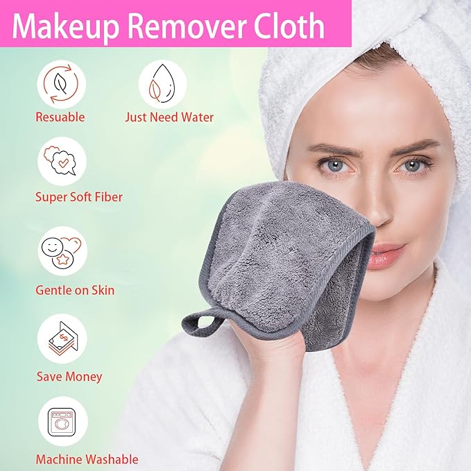 Makeup Remover Cloths for Face, Eye, Lips - Reusable Makeup Remover Pads Soft Microfiber Facial Cleansing Cloths 6 x 12 inch 12 Pack (Gray)