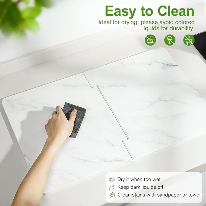 Luxspire Dish Drying Mat for Kitchen Counter 24"x16", Fast-Absorbing Stone Drying Mat Non-Slip Stone Kitchen Drying Mat for Dishes, Cups Waterproof Counter Protector for Kitchen Bath, Marble White