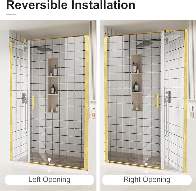 Bathbliss Framed Pivot Shower Door, Glass Shower Door in Brushed Gold, 52.5" to 54" W x 72" H, 5/16" Tempered Glass, Reversible Installation, Easy Setup