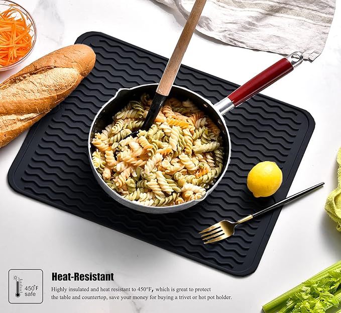 Silicone Dish Drying Mat, Non-Slip Easy Clean Sink Mat Large Heat-resistant Dish Drainer Mat for Kitchen Counter, Sink, Refrigerator or Drawer liner (18" x 16", BLACK)
