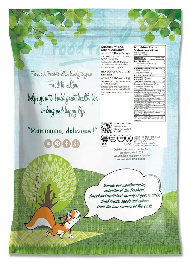 Food to Live Organic Italian White Whole Grain Sorghum, 10 Pounds — Non-GMO White Groats. Raw Milo Seeds. Vegan, Bulk Broom-corn. Durra is Great for Making Flour and Popped Jowar Dhani