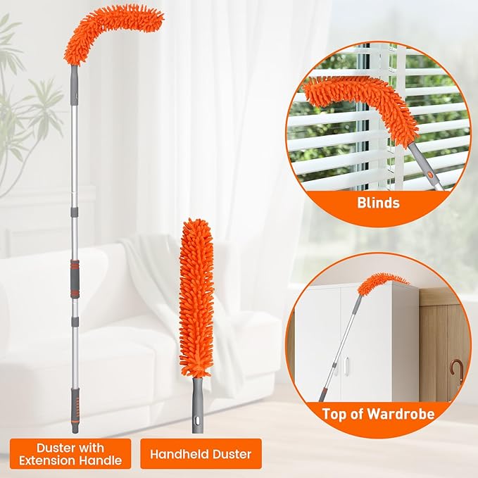 Ceiling Fan Cleaner Duster with 63" Extension Pole, Ceiling Fan Blade Cleaning Tool, Dusters for Cleaning High Ceiling Fan Reusable Chenille Pads for Blind, Baseboard, Wall