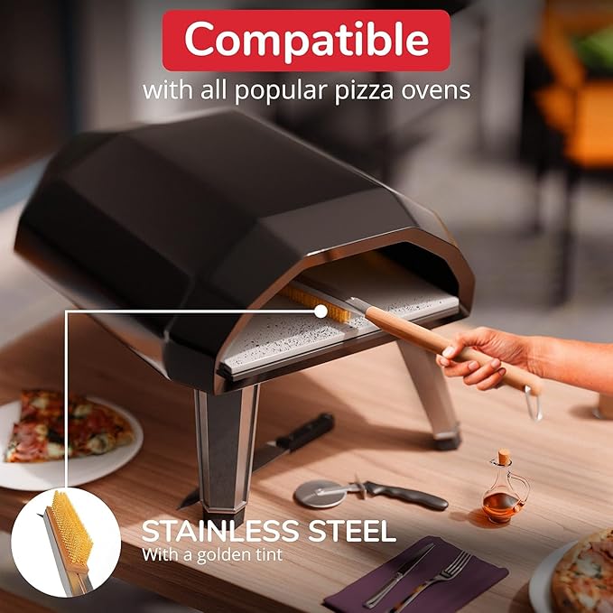 22” Pizza Oven Brush with Stone Scraper - Heat Resistant Stainless Steel Bristles, Extra Long Handle - Universal Fit for Most Pizza Ovens