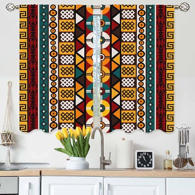 Kente Pattern Kitchen Curtains African Ancient Ethnic Tribal Geometrical Motifs Short Tier Curtains for Bathroom Cafe Small Window Drapes Treatment 2 Panels (27.5x39 Inch)