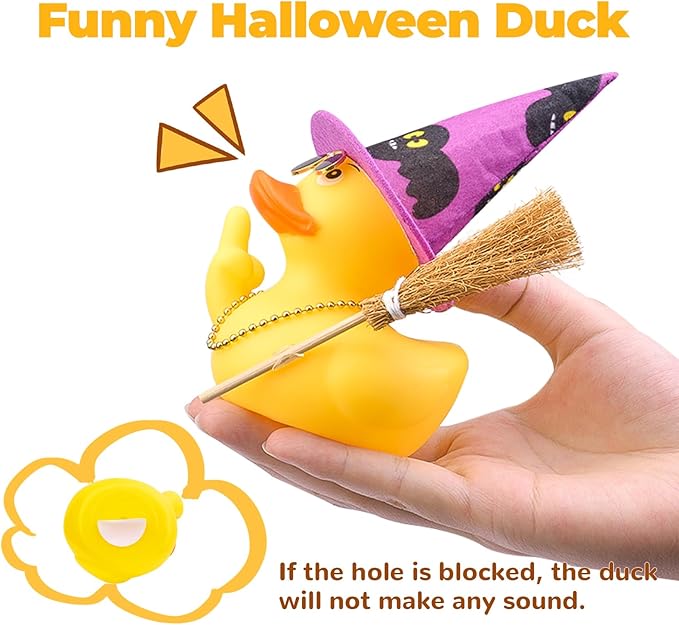 Halloween 3.15" Fun Rubber Duck Witch Duck Car Dashboard Decorations Halloween Witch Hat Broom Sunglasses Necklace for Car Home for Office Accessories