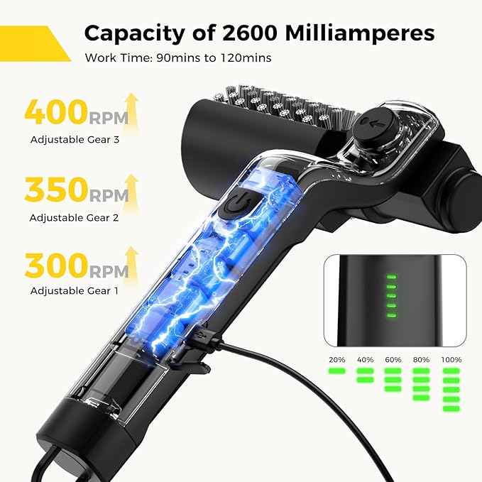 YKYI Electric Rotary Grill Brush for Outdoor Grill, 3-Speed Power Control, 304 Stainless Steel BBQ Grill Brush with No Bristle Shedding, 90 Mins Extended Runtime Grill Cleaning Brush (Matt Black)