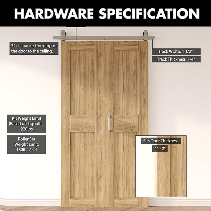 Homacer 60in Brushed Nickel Top Mount Bi-Folding Sliding Barn Door Hardware Kit for 2 Doors,Heavy Duty, Quietly,Easy to Install (Door Not Included)