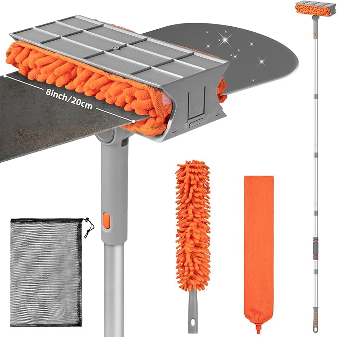 Ceiling Fan Cleaner Duster with 6 Ft/77'' Extension Pole Multi-Functional Chenille Duster Cleaner Kit for Cleaning Fan Blade, Baseboard, Blind, Cobweb, High Ceiling Walls - Reusable & Machine Washable